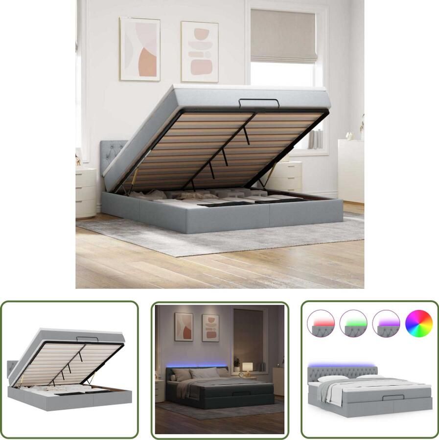 VidaXL Boxspring Bed Ottoman Bed Ottoman bed met matras en LED's 160x200 cm stof lichtgrijs Led Bed Slaapcomfort Slaapkamersdecoratie