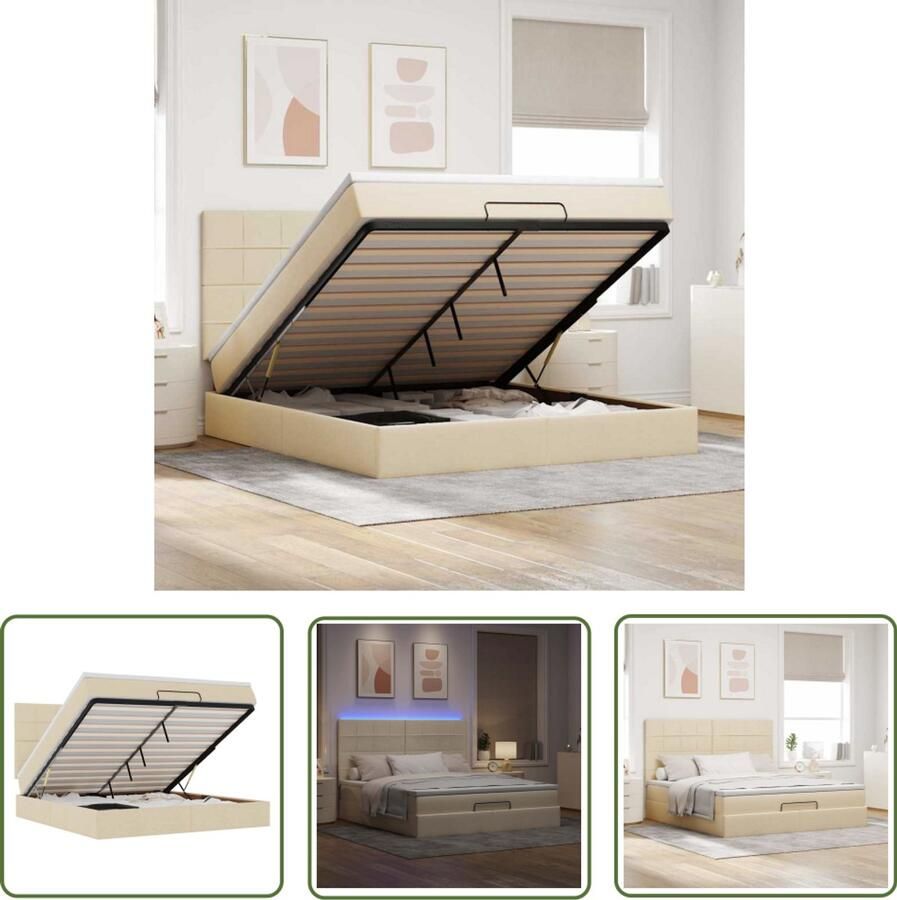 VidaXL Boxspring Bed Ottoman Bed Ottoman bed met matras en LED's 160x200cm stof crèmekleurig Bed Met Opbergruimte Led Lampen Bed Creme Kleurige Bed