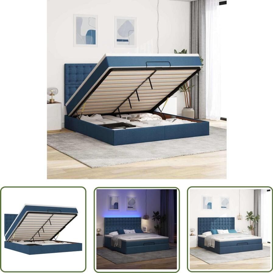 VidaXL Boxspring Bed Ottoman Bed Ottoman bed met matras en LED's 180x200cm stof blauw Slaapcomfort Led Verlichting Opbergbed