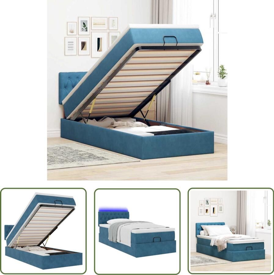The Living Store Ottoman bed met matras en LED's 90x190cm fluweel donkerblauw Ottoman Bed Boxspring Bed Tweepersoons Bed Comfortabel Bed Led Lampjes Bed