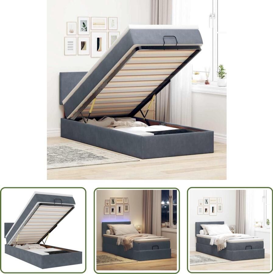 VidaXL Boxspring Bed Ottoman Bed Ottoman bed met matras en LED's 90x190cm fluweel donkergrijs Tweepersoonsbed Led Lamp Slaapcomfort