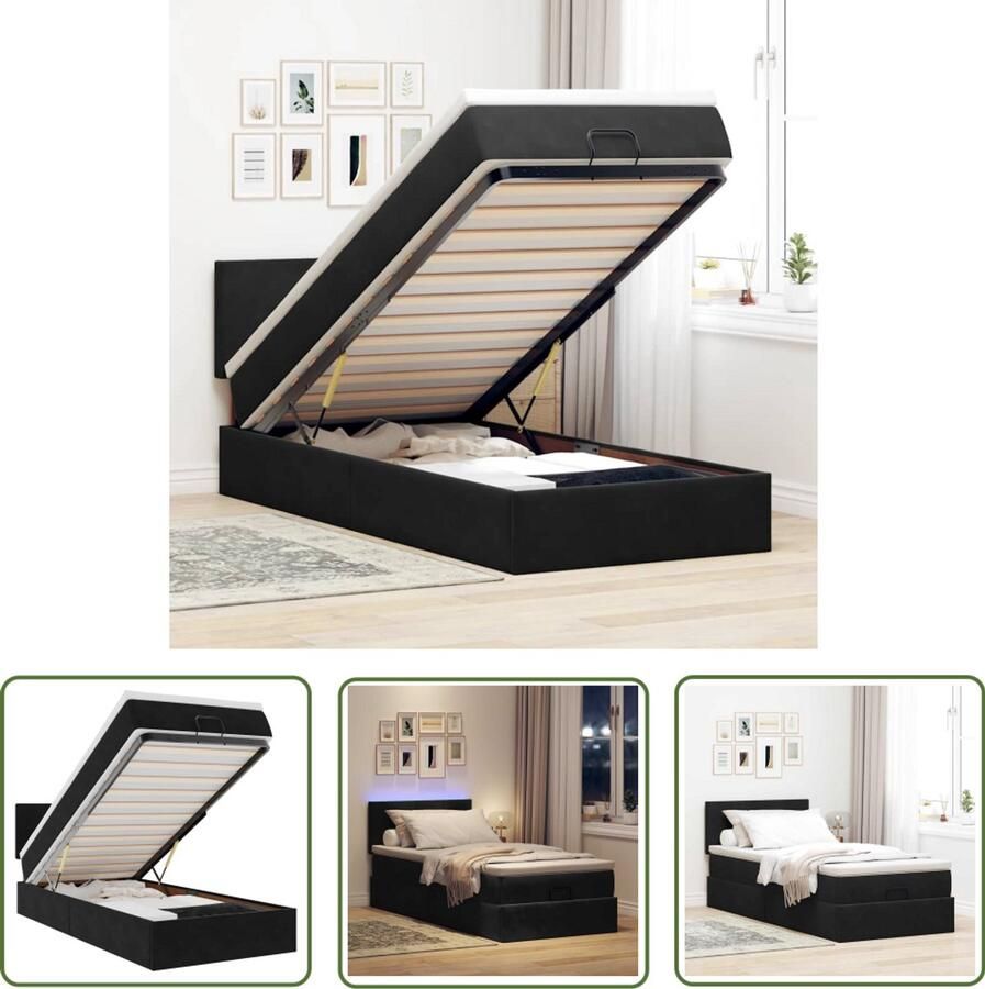 The Living Store Ottoman bed met matras en LED's 90x190cm fluweel zwart Ottoman Bed Boxspring Bed Tweepersoons Bed Nachtlampjes Led Lamp