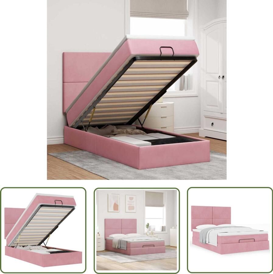 The Living Store Ottoman bed met matrassen 140x190cm fluweel roze Ottoman Bed Boxspring Bed Tweepersoons Bed Comfortabel Bed Luxe Bed