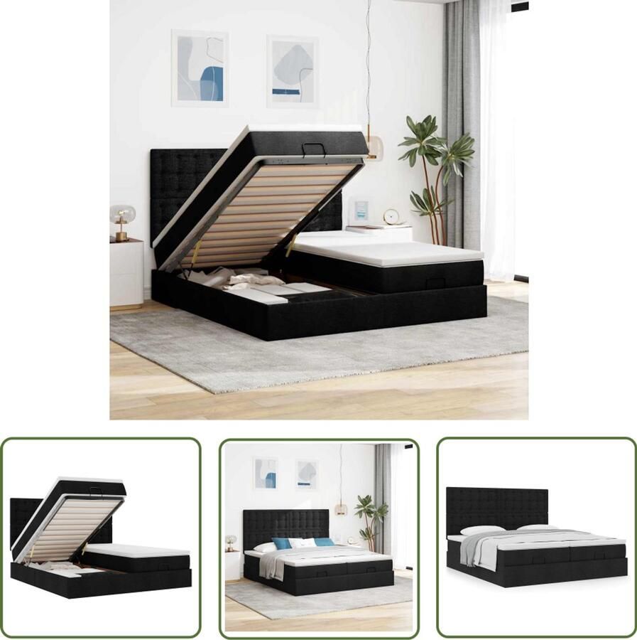 The Living Store Ottoman bed met matrassen 160x200cm stof zwart Ottoman Bed Boxspring Bed Tweepersoonsbed Stapelbaar Bed Frame