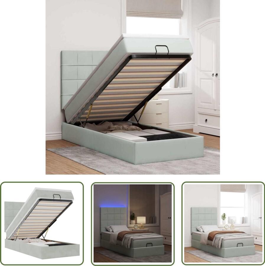 The Living Store Ottoman bed met matrassen en LED's 100x200cm fluweel lichtgrijs Ottoman Bed Boxspring Bed Tweepersoons Bed Led Bed Comfortabel Bed