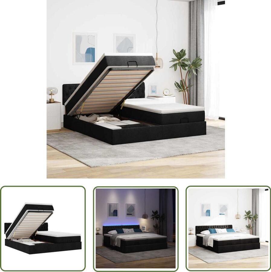 VidaXL Boxspring Bed Ottoman Bed Ottoman bed met matrassen en LED's 160x200cm stof zwart Led Bed Slaapcomfort Pocketveringmatras