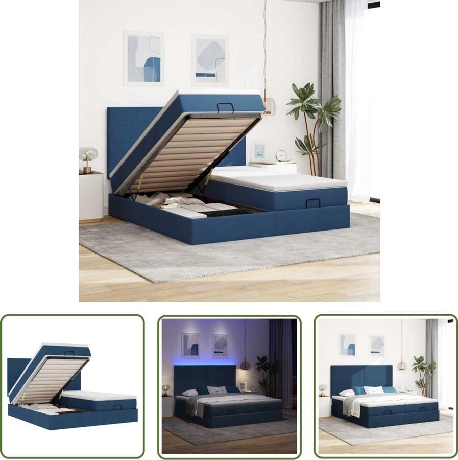 VidaXL Ottoman bed met matrassen en LED's 180x200cm stof blauw Ottoman Bed Boxspring Bed Slaapcomfort Led Verlichting Opbergruimte