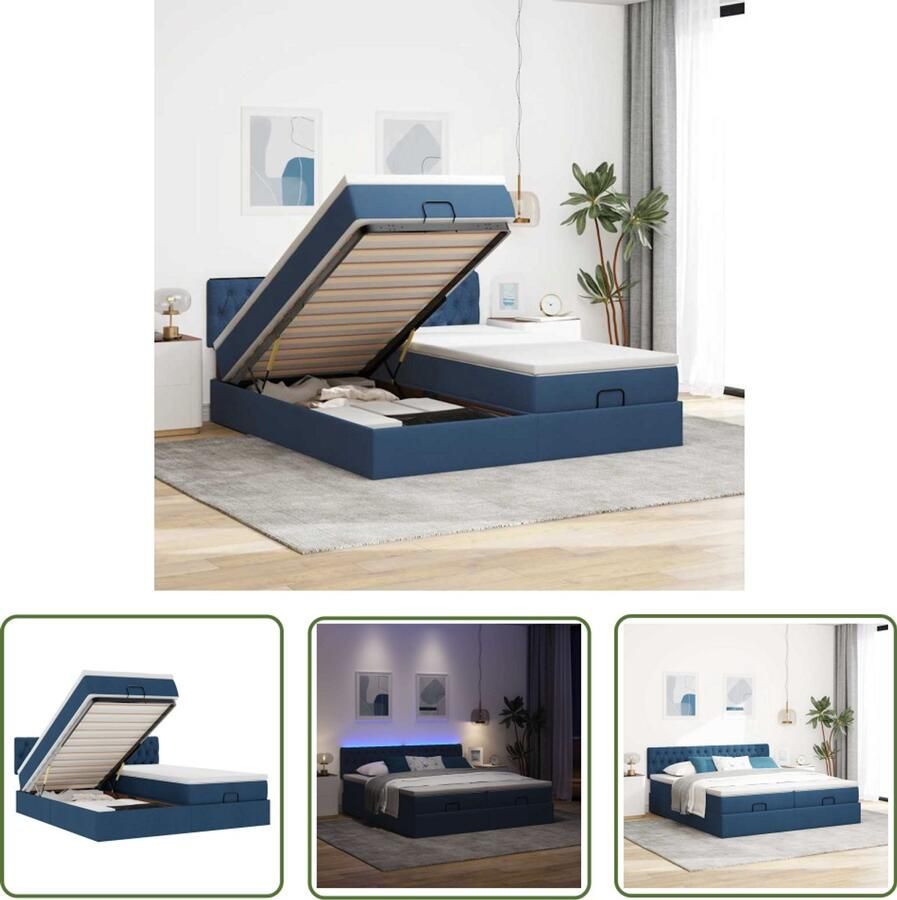 VidaXL Boxspring Bed Ottoman Bed Ottoman bed met matrassen en LED's 200x200cm stof blauw Slaapcomfort Led Verlichting Opbergruimte