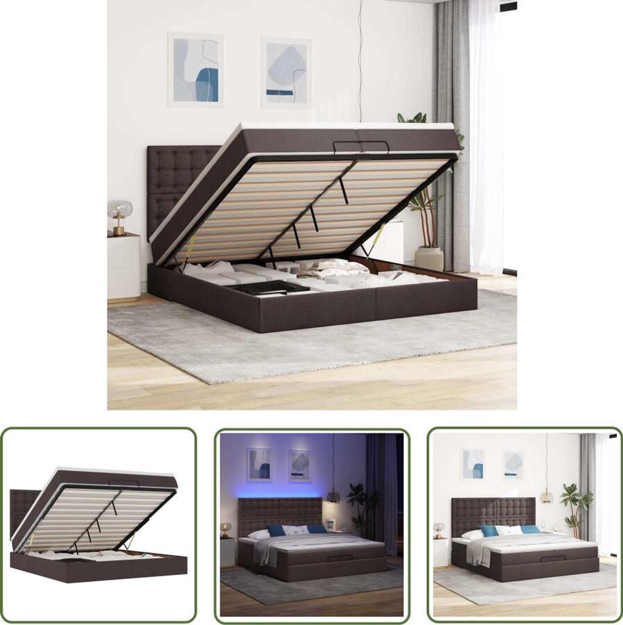 VidaXL Boxspring Bed Ottoman Bed Ottoman bed met matrassen en LED's 200x200cm stof donkerbruin Slaapcomfort Led Verlichting Opbergbed