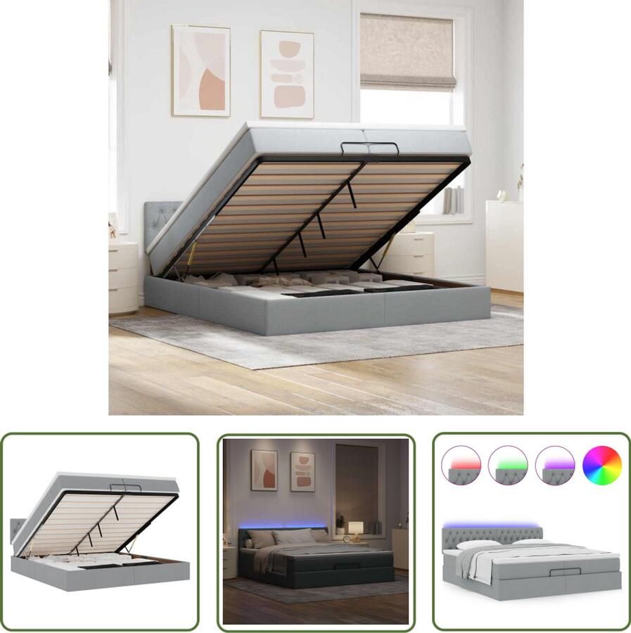 VidaXL Boxspring Bed Ottoman Bed Ottoman bed met matrassen en LED's 200x200cm stof lichtgrijs Tweepersoonsbed Led Bed Slaapcomfort