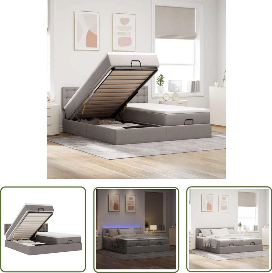 VidaXL Boxspring Bed Ottoman Bed Ottoman bed met matrassen en LED's 200x200cm stof taupe Slaapcomfort Led Verlichting Opbergruimte