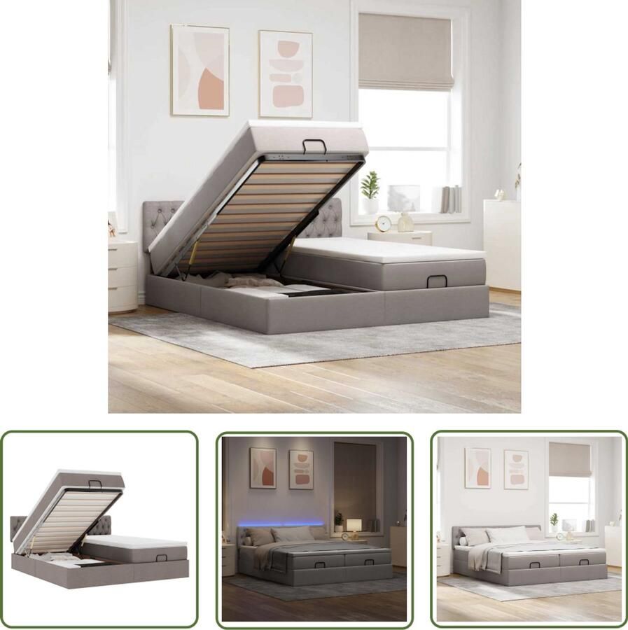 VidaXL Boxspring Bed Ottoman Bed Ottoman bed met matrassen en LED's 200x200cm stof taupe Stapelbed Slaapbank Led Lamp