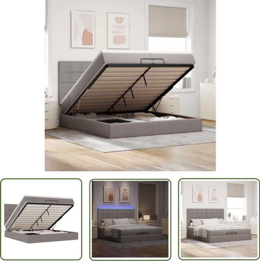 The Living Store Ottoman bed met matrassen en LED's 200x200cm stof taupe Ottoman Bed Boxspring Bed Tweepersoons Bed Stapelbed Led Lamp