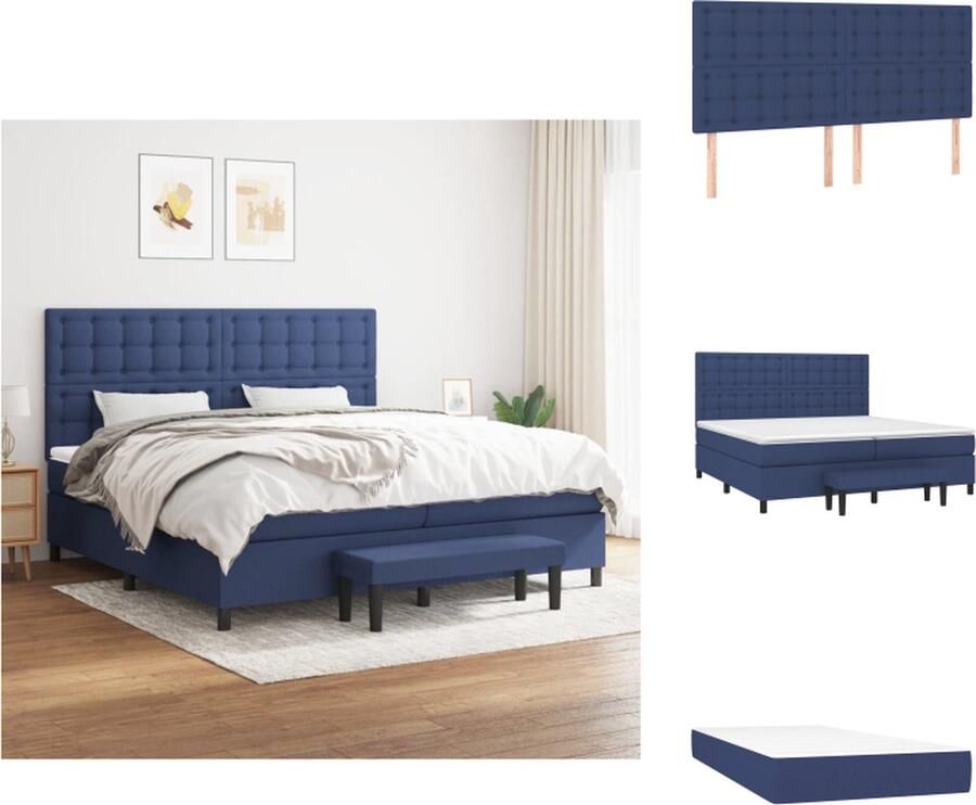 VidaXL Boxspringbed Blauw 203 x 200 x 118 128 cm Duurzaam en comfortabel Verstelbaar hoofdbord Pocketvering matras Middelharde ondersteuning Huidvriendelijk topmatras Multifunctioneel bankje Inclusief montagehandleiding Bed - Foto 2
