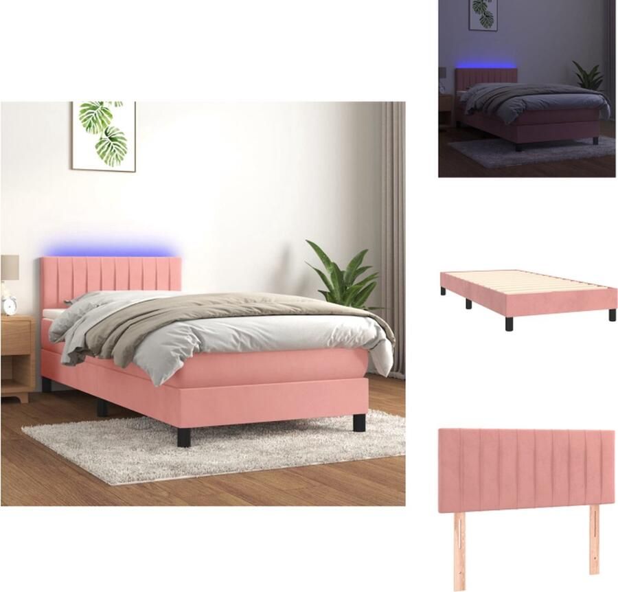 VidaXL Boxspring Roze fluweel bed met LED 203x80x78 88 cm Pocketvering matras 80x200x20 cm Huidvriendelijk topmatras 80x200x5 cm Inclusief LED-strip Bed - Foto 2