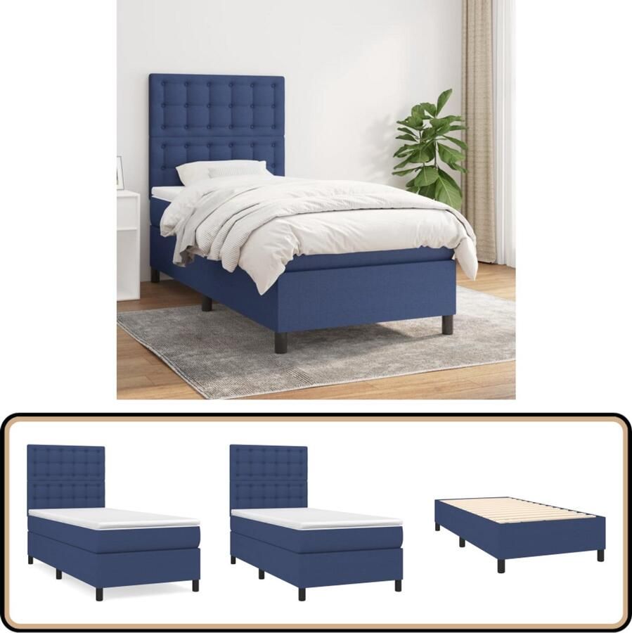 VidaXL Boxspring Blauw 100x200 cm Inclusief matras Boxspringbed Pocketvering Blauwe Boxspring Slaapkamer Meubilair Tweepersoons Bed Groot Bed Luxe Bed