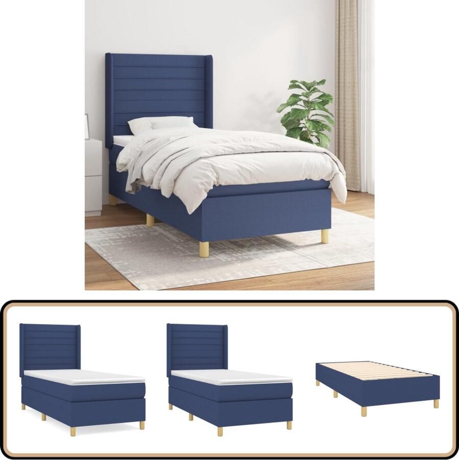VidaXL Boxspring Blauw 100x200 cm Inclusief Matras Boxspringbed Slaapkamerinrichting Tweepersoonsbed Blauwe Bedden Verstelbare Hoofdbord