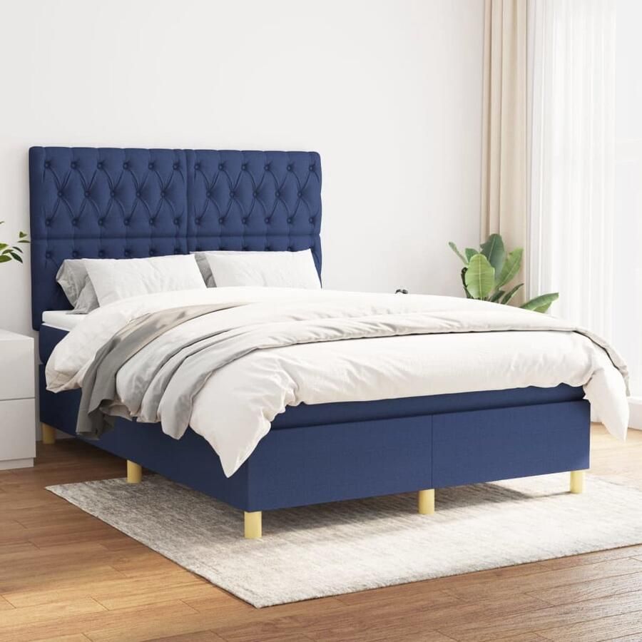 VidaXL Boxspring Blauw 140x190 cm Inclusief Matras Boxspringbed Pocketvering Matras Middelhard Slaapkamer Meubilair Tweepersoons Bed Blauwdruk - Foto 2