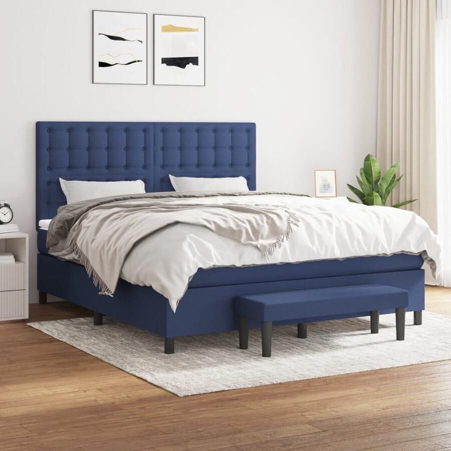 The Living Store Boxspringbed Pocketvering Duurzaam materiaal Verstelbaar hoofdbord Middelharde ondersteuning Huidvriendelijk topmatras Multifunctioneel bankje Blauw 203x180x118 128cm - Foto 2