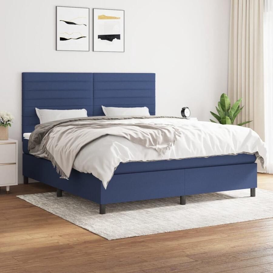 VidaXL Boxspring Stof Blauw 160x200 cm Boxspringbed Slaapcomfort Boxsprings Tweepersoonsbed Slaapkamerinrichting Pocketing Matras Middenhard Matras Blauwe Bed - Foto 2