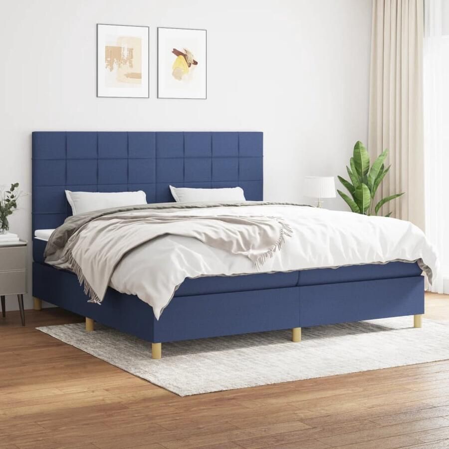VidaXL Boxspring Blauw 200x200 cm Inclusief Matras Boxspringbed Boxspring Tweepersoonsbed Slaapcomfort Hoofdbord Pocketveermatras Middelhard Matras Blue Bedroom - Foto 2