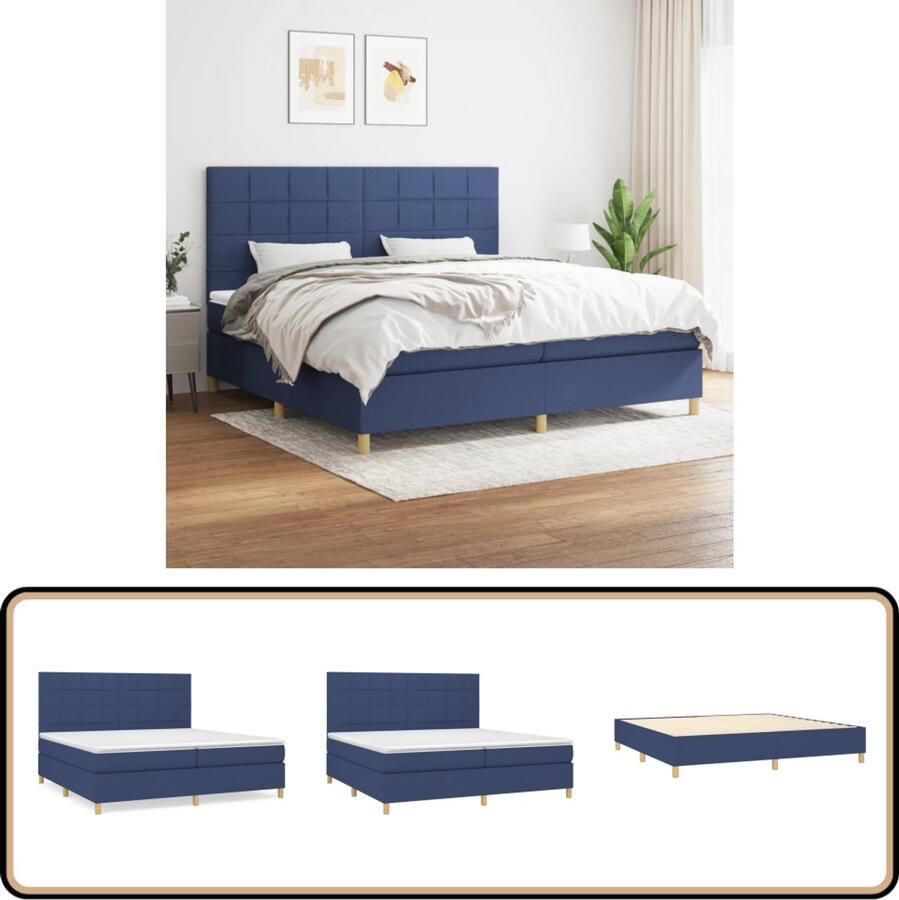 VidaXL Boxspring Blauw 200x200 cm Inclusief Matras Boxspringbed Boxspring Tweepersoonsbed Slaapcomfort Hoofdbord Pocketveermatras Middelhard Matras Blue Bedroom