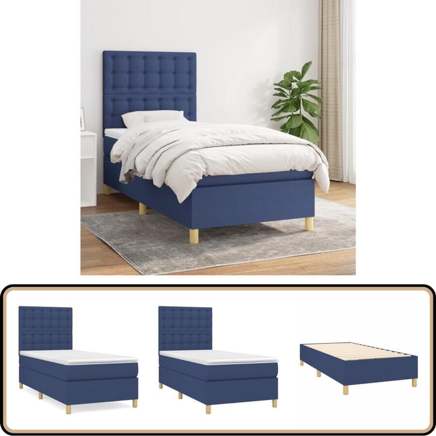 VidaXL Boxspring Blauw 90x190 cm Inclusief Matras Boxspringbed Pocketvering Slaapcomfort Rustgevend Slapen Blauwe Boxspring