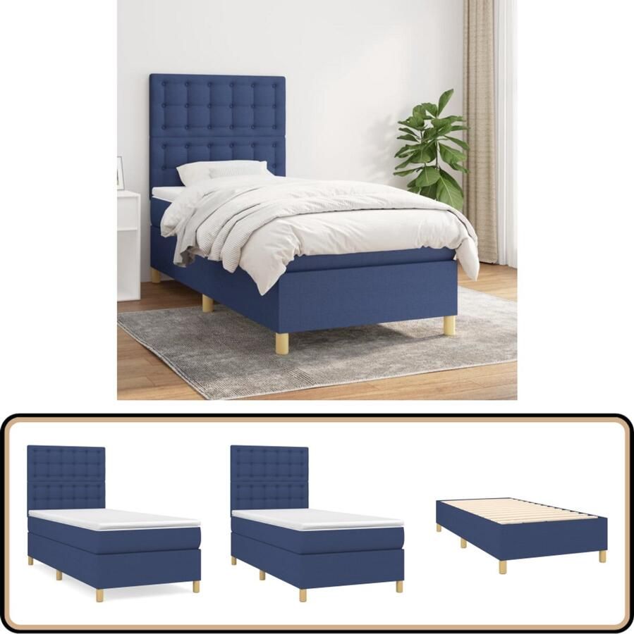 VidaXL Boxspring Blauw 90x200 cm Inclusief Matras Boxspringbed Pocketvering Matras Middenhard Blauwe Boxspring Slaapkamer Meubilair Tweepersoons Bed Met Hoofdbord