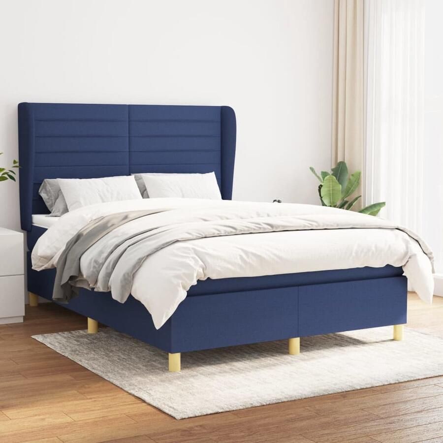 VidaXL Boxspring Blauw Inclusief Matras 140x190 cm Boxspringbed Boxspring Slaapcomfort Pocketveermatras Verstelbare Hoofdbord Duurzaam Materiaal Blauwe Boxspring - Foto 2