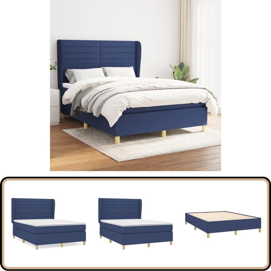 VidaXL Boxspring Blauw Inclusief Matras 140x190 cm Boxspringbed Boxspring Slaapcomfort Pocketveermatras Verstelbare Hoofdbord Duurzaam Materiaal Blauwe Boxspring
