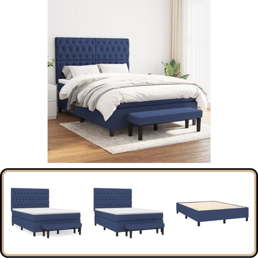VidaXL Boxspring Blauw Inclusief Matras 140x190 cm Boxspringbed Boxspring Slaapkamerinrichting Bed Met Hoofdbord Tweepersoonsbed Blauwe Beddengoed Duurzame Materialen Pocketed Veren