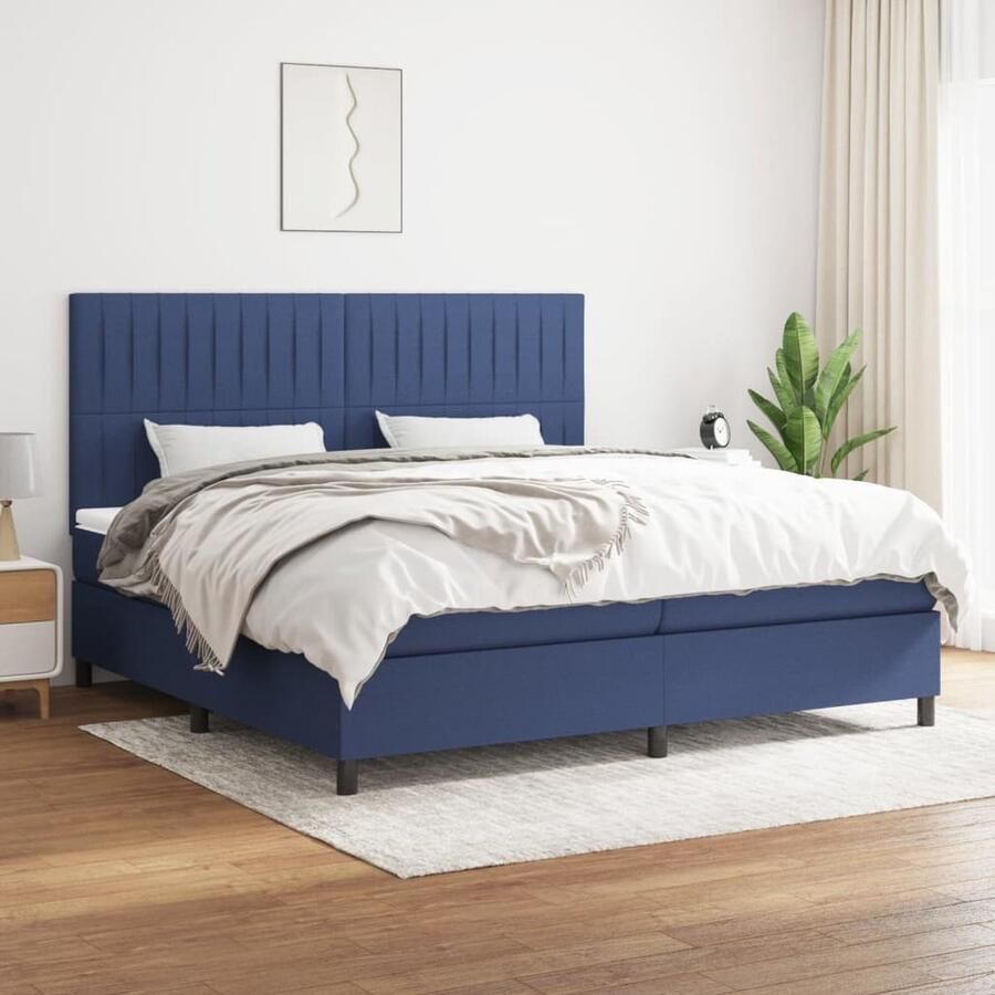 VidaXL Boxspring Blauw Inclusief Matras 200x200 cm Boxspringbed Boxspring Tweepersoonsbed Slaapcomfort Pocketveermatras Middenhard Matras Elektrisch Verstelbare Hoofdbord Lederlook - Foto 2