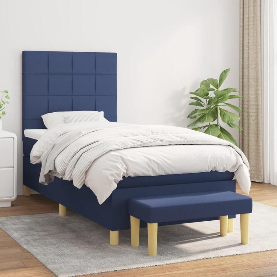VidaXL Boxspring Blauw Inclusief matras 90x200 cm Boxspring Bed Boxsprings Tweepersoons Bed Slaapcomfort Boxspring Kopen Bed Frame Hoofdbord Matras Topper - Foto 2