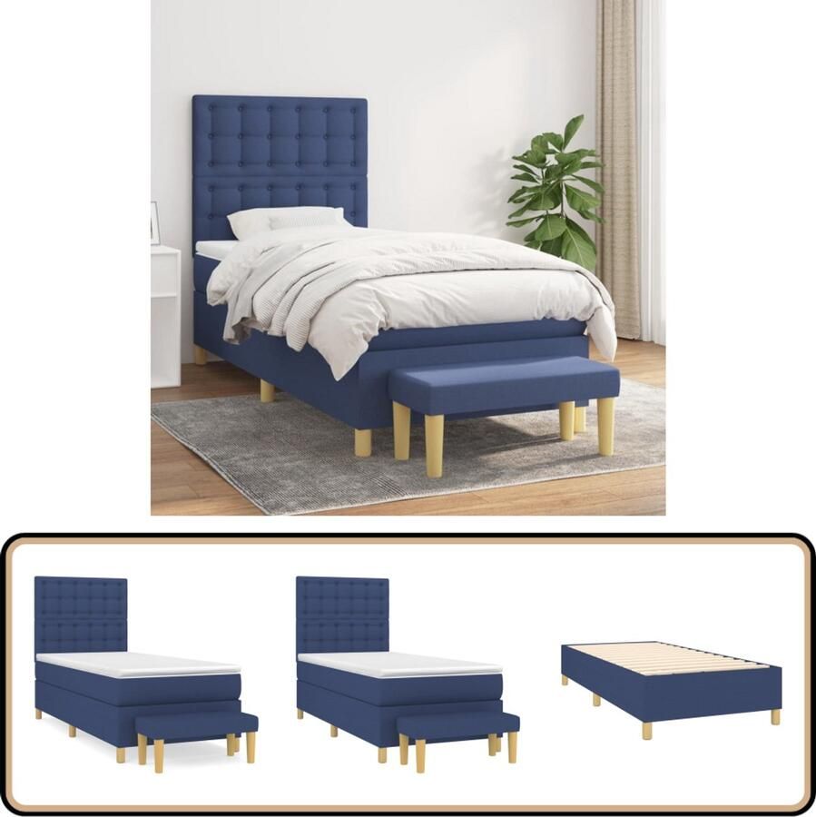 VidaXL Boxspring Blauw Inclusief Matras en Bankje Boxspringbed Boxsprings Tweepersoonsbed Slaapcomfort Matras Pocketed Veren Adjustable Headboard Designbed Bedroom Furniture