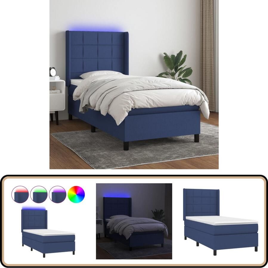 VidaXL Boxspring Blauw Inclusief Matras en LED Blauwe Boxspring Bed Led Lampje Boxspring Met Led Tweepersoonsboxspring King Size Bed Groot Bed Luxe Bed