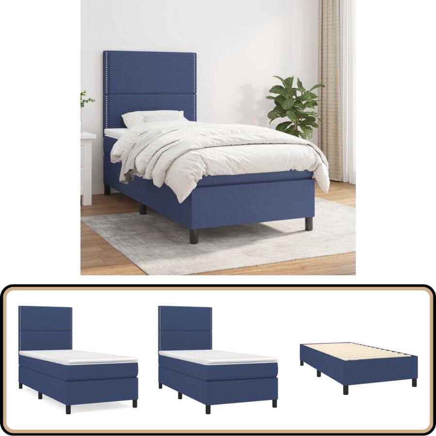 VidaXL Boxspring Blauw Inclusief Matras en Topmatras Boxspringbed Boxspring Tweepersoonsbed Bed Slaapkamerinrichting Matras Pocketvering Middenhard