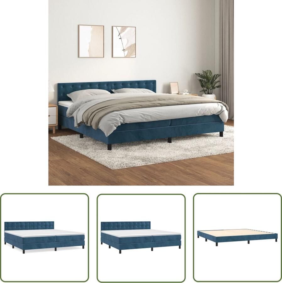 The Living Store Boxspring met matras fluweel donkerblauw 200x200 cm Boxspringbed Boxspring Fluweel Bed Tweepersoonsbed Blauw Bed