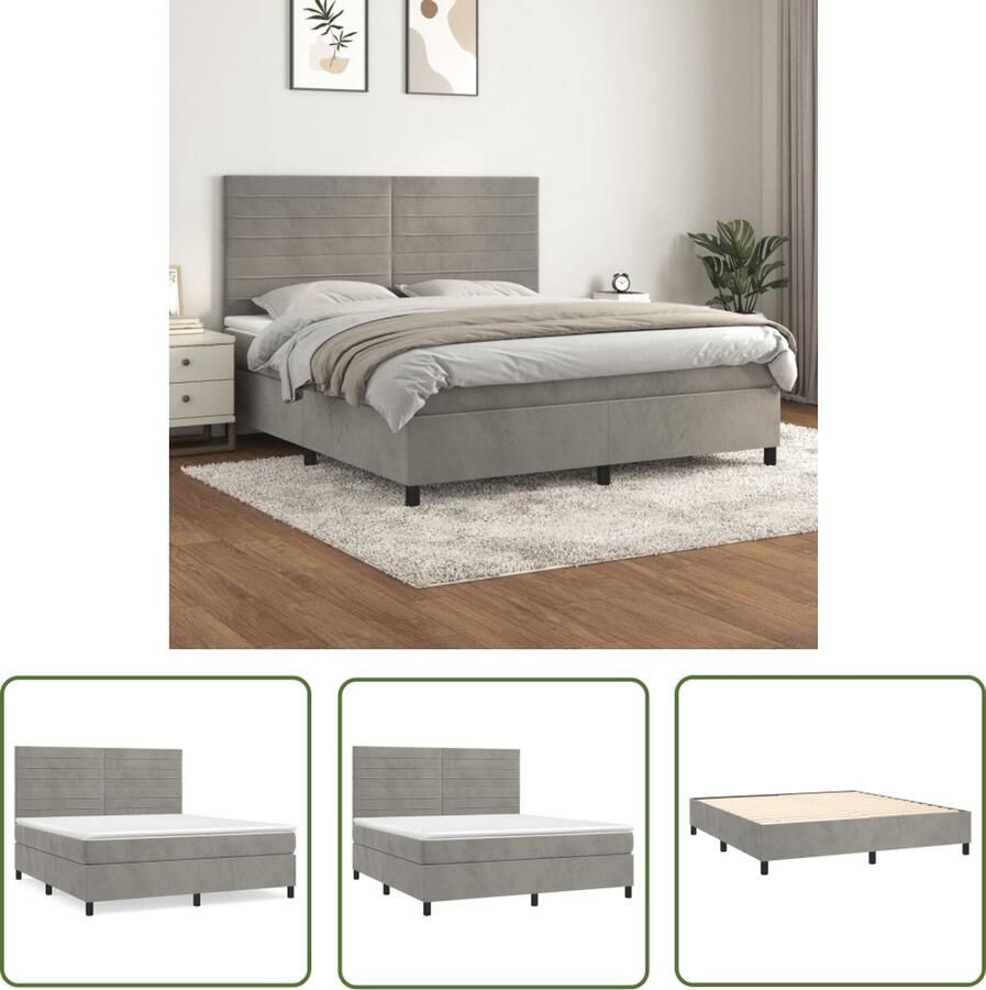 The Living Store Boxspringbed Zacht fluweel Bed matras en topmatras Afmetingen 203 x 180 x 118 128 cm (L x B x H) Kleur lichtgrijs Boxspringbed Boxspring Tweepersoonsbed Velvet Bed Grijs Bed