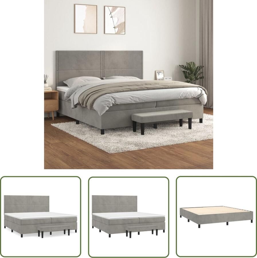 The Living Store Boxspring met matras fluweel lichtgrijs 200x200 cm Boxspringbed Luxe Bed Fluweel Bed Verstelbare Hoofdbord Pocketveer Matras