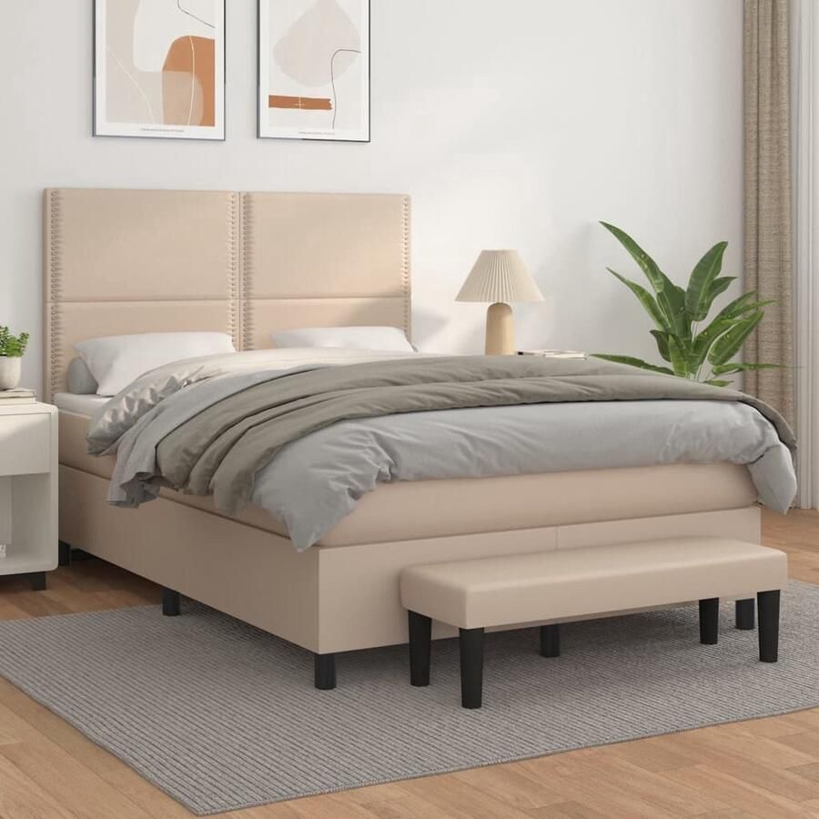 The Living Store Boxspringbed Cappuccino Kunstleer 203 x 144 x 118 128 cm Verstelbaar hoofdbord Pocketvering matras Middelharde ondersteuning Huidvriendelijk topmatras Multifunctioneel bankje