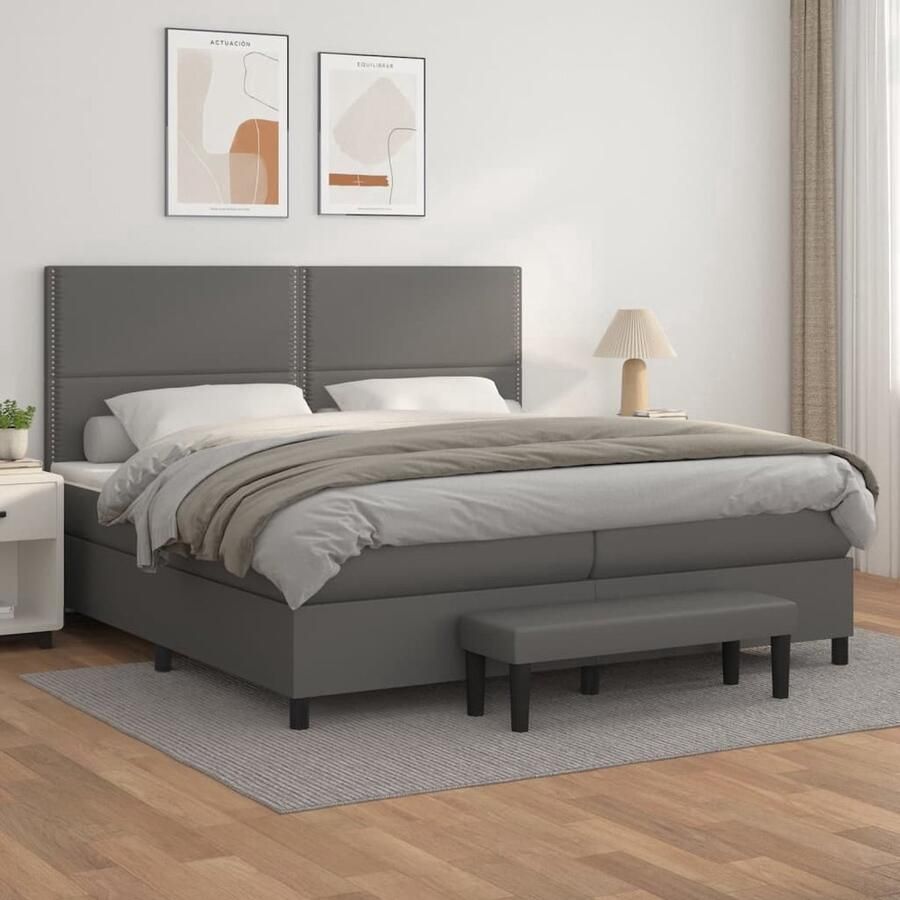 The Living Store Boxspringbed Kunstleren Bedframe 203 x 200 x 118 128 cm Grijs Pocketvering Matras Middelharde Ondersteuning Huidvriendelijk Topmatras Multifunctioneel Bankje