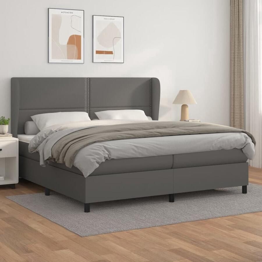 The Living Store Boxspringbed Grijs Kunstleer 203 x 203 x 118 128 cm Pocketvering matras Huidvriendelijk topmatras Boxspringbed Boxspring Tweepersoonsbed Bed Grijze Boxspring