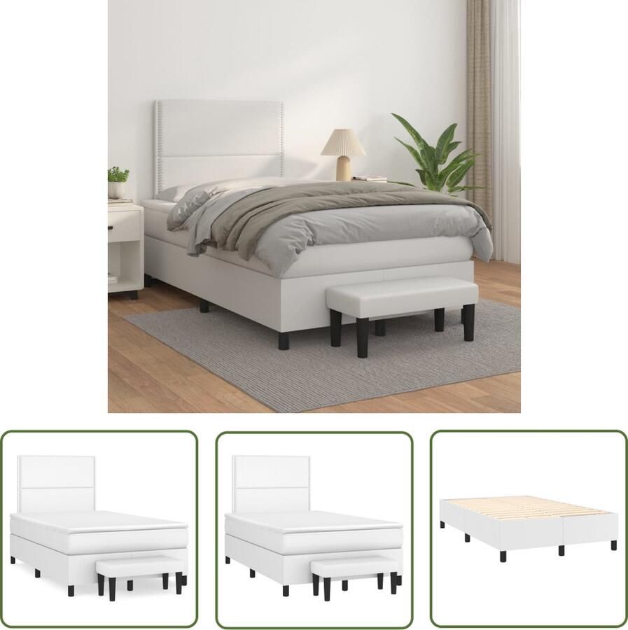 The Living Store Boxspringbed Bed 203 x 120 cm Kunstleer Verstelbaar hoofdbord Pocketvering matras Middelharde ondersteuning Huidvriendelijk topmatras Multifunctioneel bankje Wit