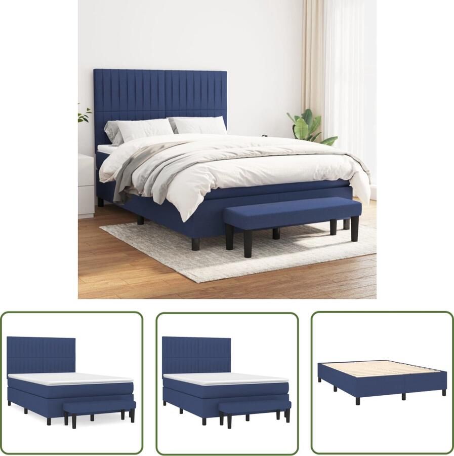 The Living Store Boxspringbed Blauw 203x144x118 128 Duurzaam Verstelbaar hoofdbord Pocketvering matras Middelharde ondersteuning Huidvriendelijk topmatras Multifunctioneel bankje