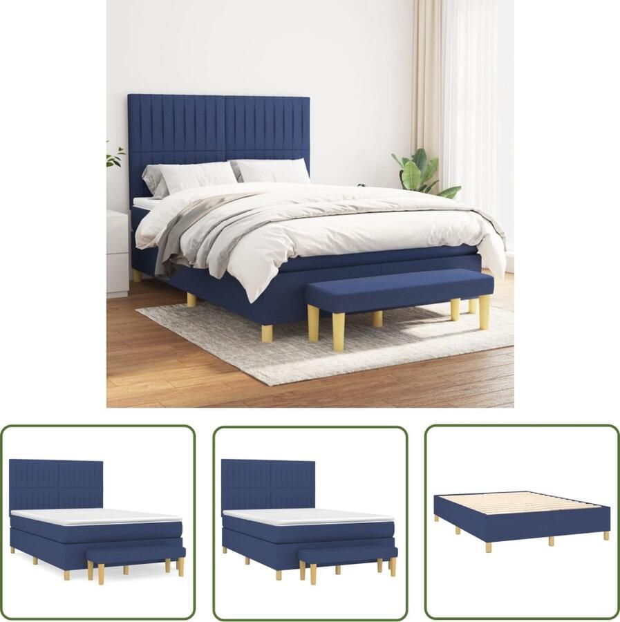 The Living Store Boxspringbed Blauw 203 x 144 x 118 128 cm Hoogte verstelbaar hoofdbord Pocketvering matras Middelharde ondersteuning Huidvriendelijk topmatras Multifunctioneel bankje
