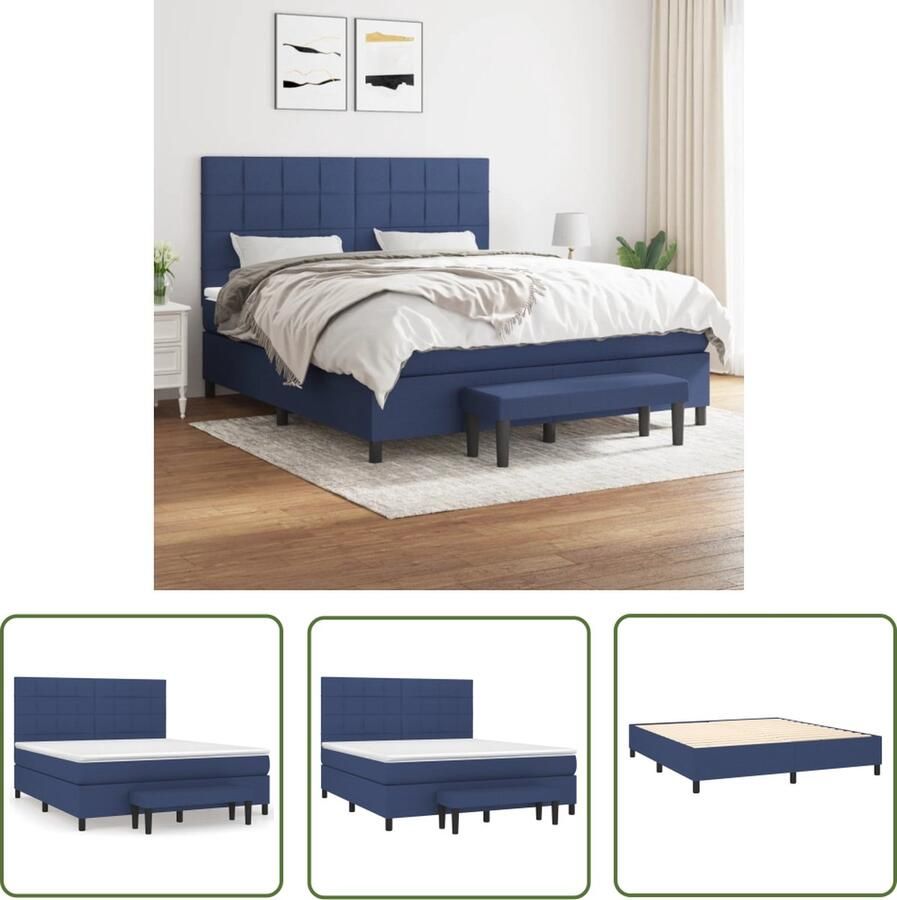 The Living Store Boxspringbed Blauw 203 x 160 x 118 128 cm Duurzaam Verstelbaar hoofdbord Pocketvering matras Middelharde ondersteuning Huidvriendelijk topmatras Multifunctioneel bankje