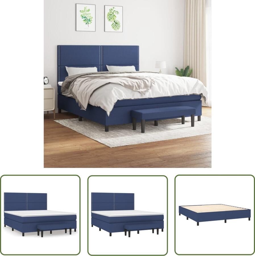 The Living Store Blauw Boxspringbed 203x180x118 128 cm Duurzaam materiaal Praktisch hoofdbord Comfortabele ondersteuning Pocketvering matras Middelharde ondersteuning Huidvriendelijk topmatras Multifunctioneel bankje