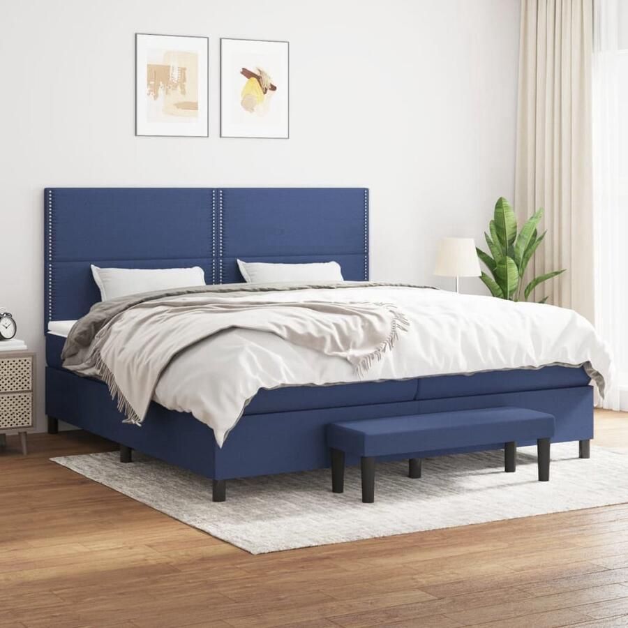 The Living Store Boxspringbed Blauw 203 x 200 x 118 128 cm Duurzaam en comfortabel Verstelbaar hoofdbord Pocketvering matras Middelharde ondersteuning Huidvriendelijk topmatras Multifunctioneel bankje Inclusief montagehandleiding