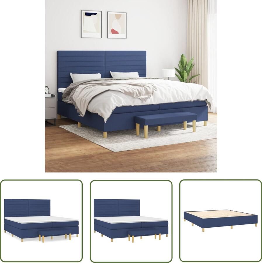 The Living Store Boxspringbed Blauw 203 x 200 x 118 128 cm Pocketvering Middelharde ondersteuning Huidvriendelijk topmatras Multifunctioneel bankje Boxspringbed Boxspring Tweepersoonsbed Bed Frame Blauwdruk