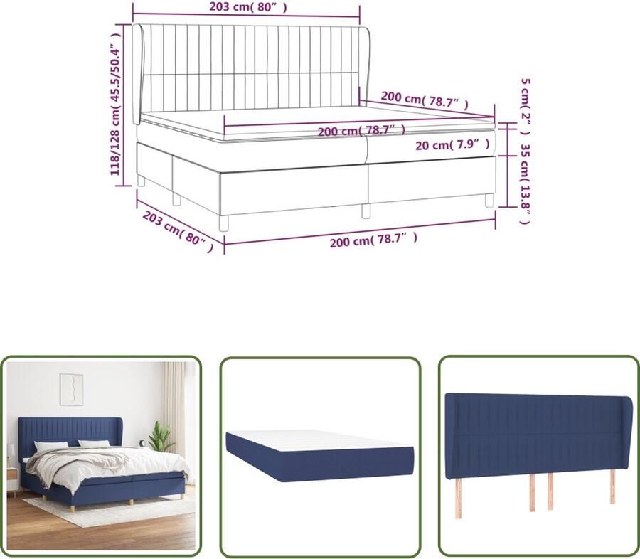 The Living Store Boxspringbed Comfortabele ondersteuning Middelharde ondersteuning Pocketvering matras Huidvriendelijk topmatras Blauw 203x203x118 128 cm Boxspringbed Boxspring Tweepersoonsbed Slaapcomfort Pocketveermatras - Foto 2